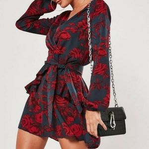 Missguided red floral frill waist smock dress
